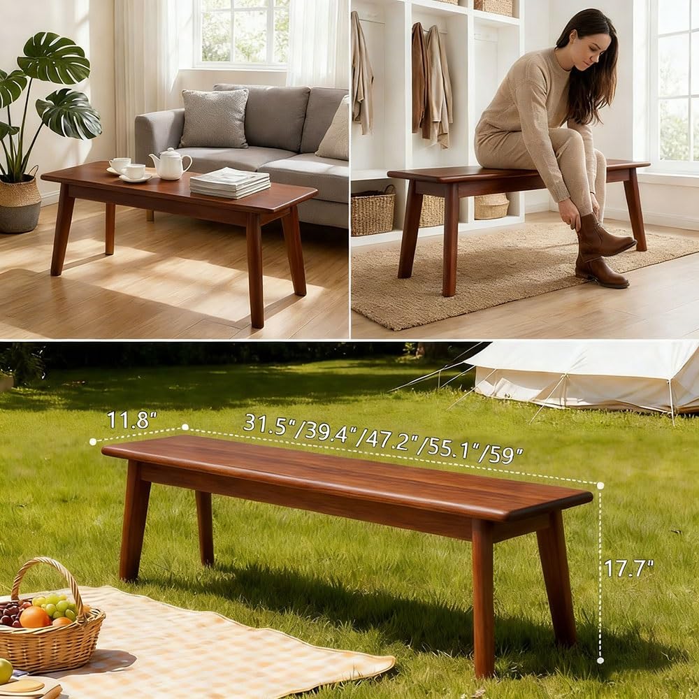 Solid Wood Farmhouse Bench 31.5"/39.4"/47.2"/55.1"/59" Skinny Bench Rustic Long Entryway Bench, Heavy Duty, Durable ＆ Easy Assembly, For Hallway, Kitchen, Bedroom, Dining(Walnut,55.1"x11.8"x17.7")