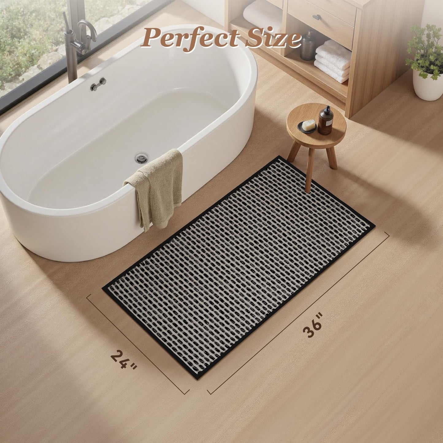 AMOAMI Unique Woven Bath Mat, Super Absorbent Non Slip Bath Mats for Bathroom Floor Textured Bathroom Mat Quick Dry Washable Bath Rug Boho Thin Rugs for Bathroom Beside Tub, 24" x 36", Black