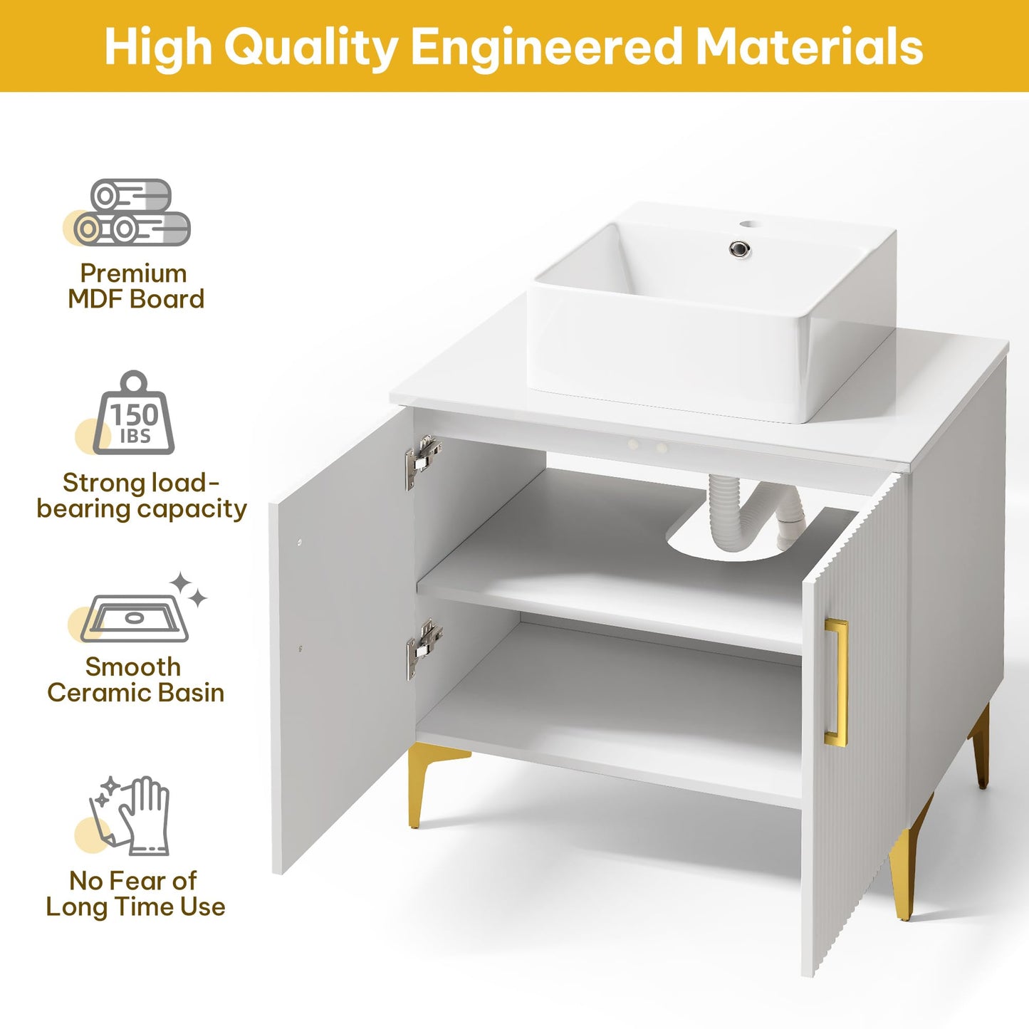 YITAHOME 30 Inch Bathroom Vanity with Ceramic Vessel Sink, Modern Vanity Cabinet with Gold Handles, Pre-drilled Faucet Hole, Soft Close Doors for Bathroom