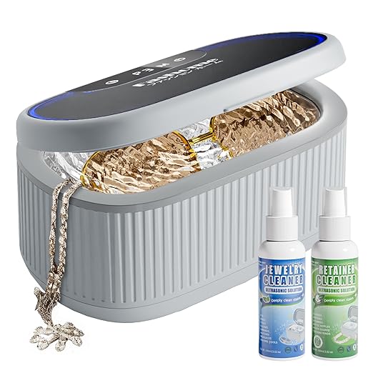 Ultrasonic Cleaner Set with Basket and Holder-45KHz 20oz w/Light & Degas, 200ML Jewelry and Retainer Cleaner Solution for All Jewelry, Rings, Eyeglasses (Gray, Ultrasonic Cleaner+Cleaning Solution)