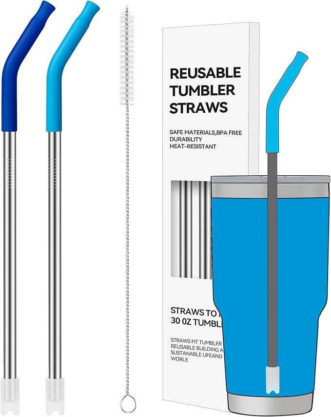 2 PCS 30oz Reusable Straws Ideal for 30oz Stanley Cup & 24oz Tumblers, Stainless Steel Drinking Straw with Anti-Clank Silicone Bottom, Fits Most Medium-Size Mugs