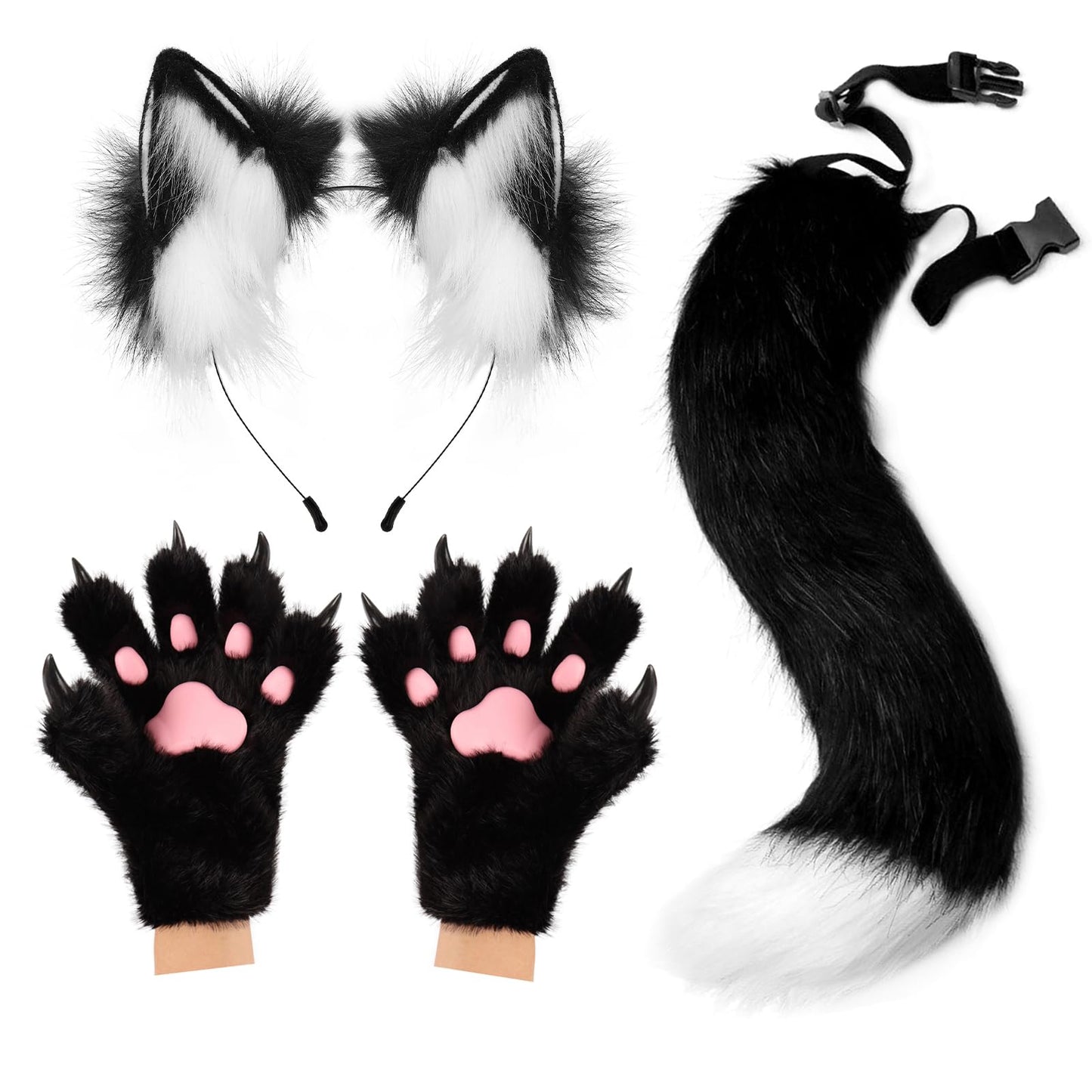 COSYEARS Fox Wolf Ears Headband Furry Tail Plush Cat Paw Mittens Gloves Set Halloween Party Cosplay Costumes Accessories