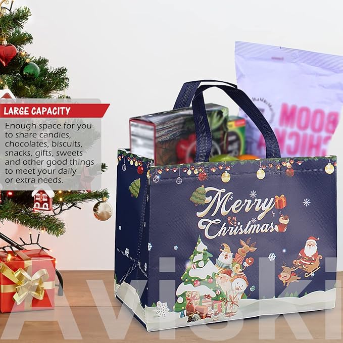 8PCS Christmas Gift Tote Bags with Handles, Multifunctional Non-Woven Bags for Gifts Wrapping Shopping, Xmas Party Supplies