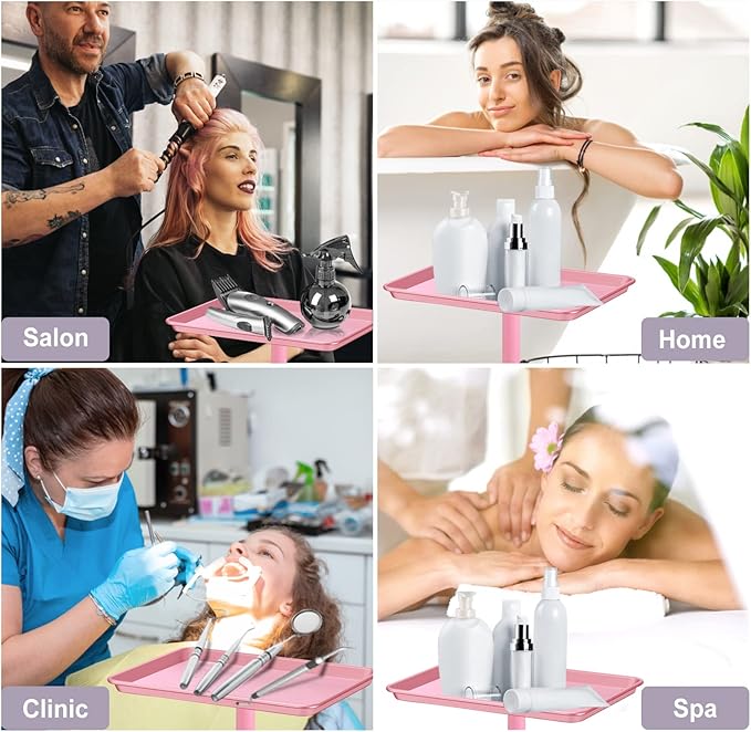 Salon Tray on Wheels,Height Adjustable Hairstylist Rolling Tray Cart,Color Trays for Salon or Home Use,Pink