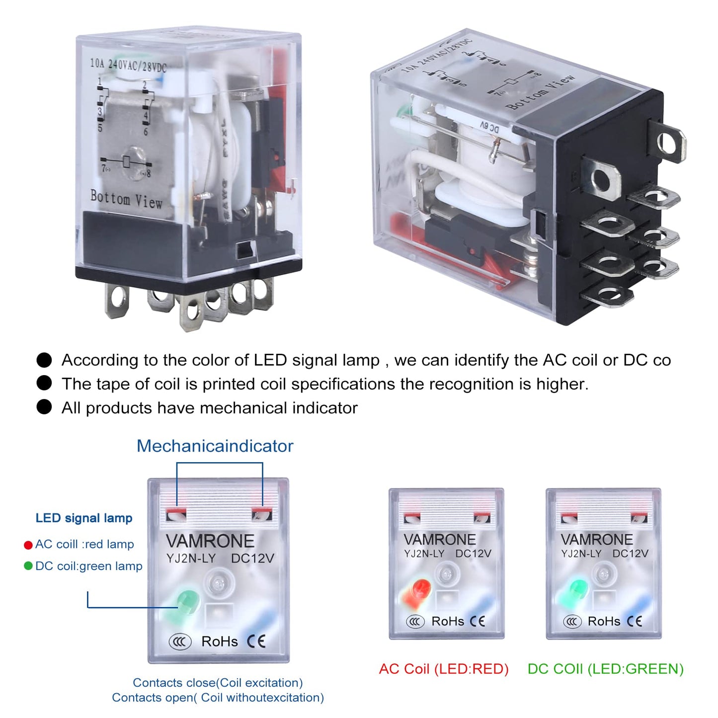 Electromagnetic Power Relay, 8-Pin 10 AMP 12V DC Relay Coil with Socket Base, LED Indicator, DPDT 2NO 2NC - MY2NJ 2PCS [Applicable for DIN Rail System]