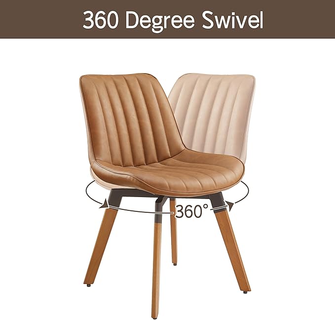 Art Leon Dining Chairs Set of 4, Mid Century Modern Swivel Kitchen Dining Room Chairs, Upholstered Faux Leather Armless Side Chairs with Wood Legs for Living Room Bedroom, Red Brown