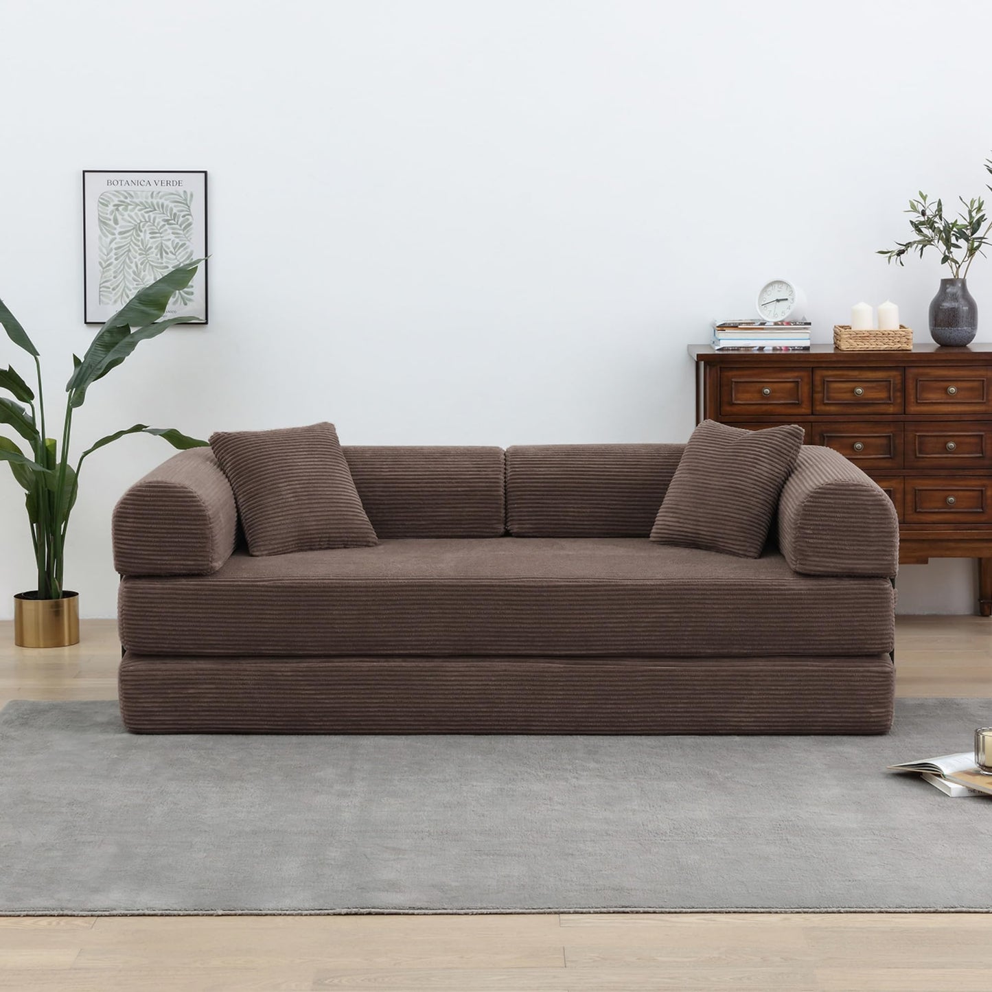 ZEIINPA Convertible Folding Mattress Couch, Comfy Corduroy Sleeper Floor Sofa Bed with Fixed-Shape Frame, Floor Sofa with Armrest, Lounge Couch for Living Room Bedroom Lounge Studio,Brown