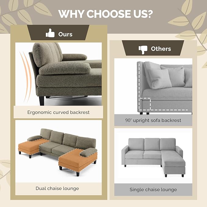 VINGLI 110' U-Shaped Sectional Couch with Two Chaise, Affordable Small Sofa with 4 Seats, Chenille Fabric Comfy Couches for Living Room, Khaki