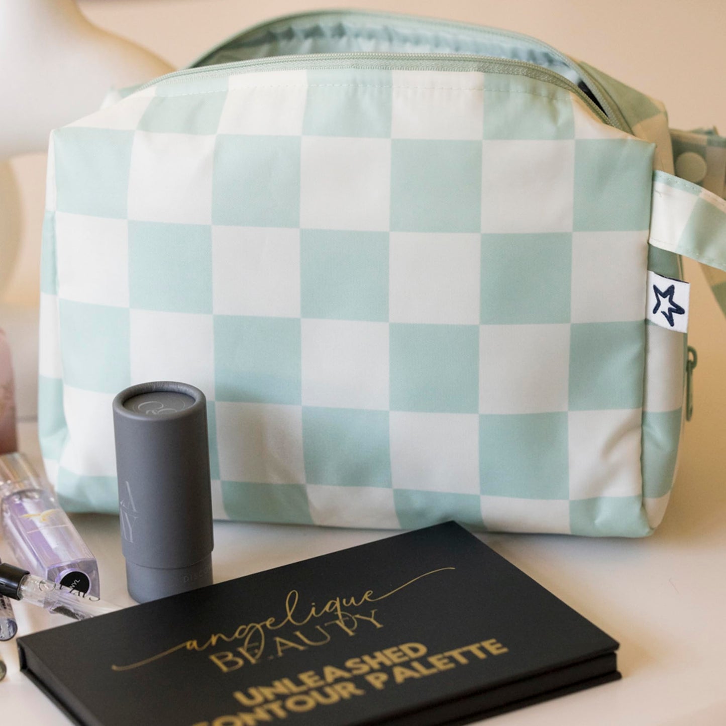 Tiny Twinkle Portable Waterproof Makeup Bag | Travel-Friendly Cosmetic Organizer with Convenient Carry Handle | Spacious Interior, and Secure Zipper Closure (Sage Checkers)