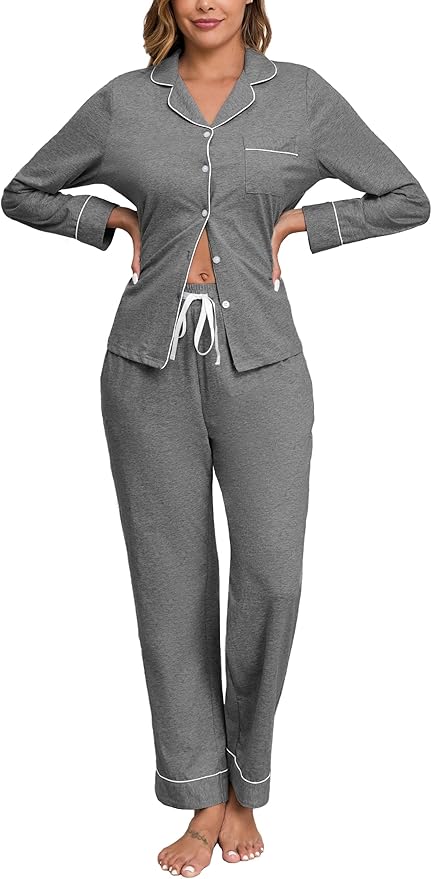 Veseacky 100% Cotton Pajamas for Women Set Long Sleeve Button Down Sleepwear Soft Pjs Lounge Sets with Pockets XS-XXL