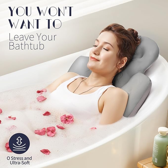 Full Body Bath Pillow for Bathtub, Thick Bathtub Cushion with Laundry Bag, Luxury Tub Pillow for Bath for Headrest Neck and Back Support Gray 60" x 16"