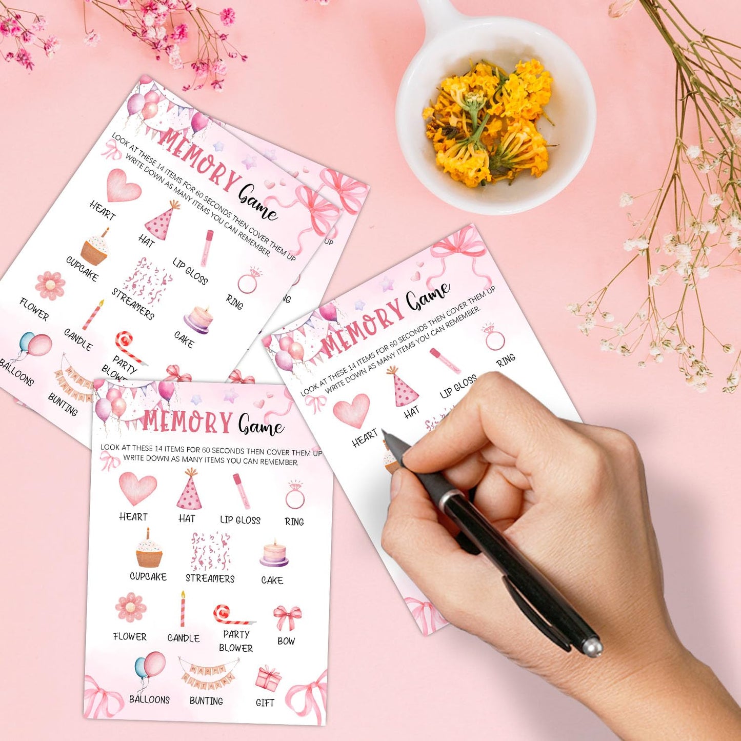Pink Slumber Party Games Card - Coquette Pink Bow Themed Sleepover Slumber Party Supplies- Sleepover Stuff- Birthday Night Games Creative Idea -Memory Game- 20 Game Cards
