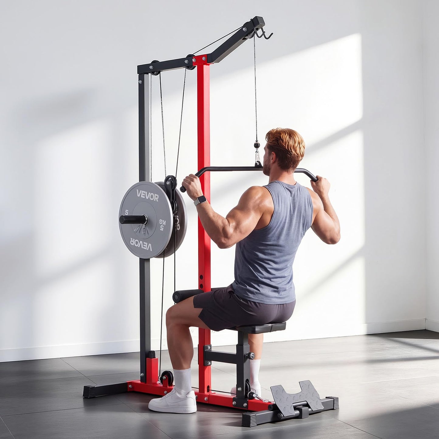VEVOR LAT Pull Down Machine, 2-in-1 Row Cable Machine, Cable Machines Home Gym with Adjustable Seat&Height, 4-Level Adjustable Foam Roller, Load 500 lbs LAT Tower for Back, Chest, Tricep
