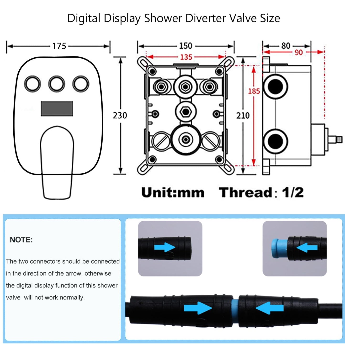 HONGTONGSOWER Shower Faucet Set Matte Black Shower System Temperature Display Diverter Shower Valve and 2 in 1 Handheld with Slide Bar, 12 Inch Ceiling Shower Head with 8 Inch Wall Mount Shower Head