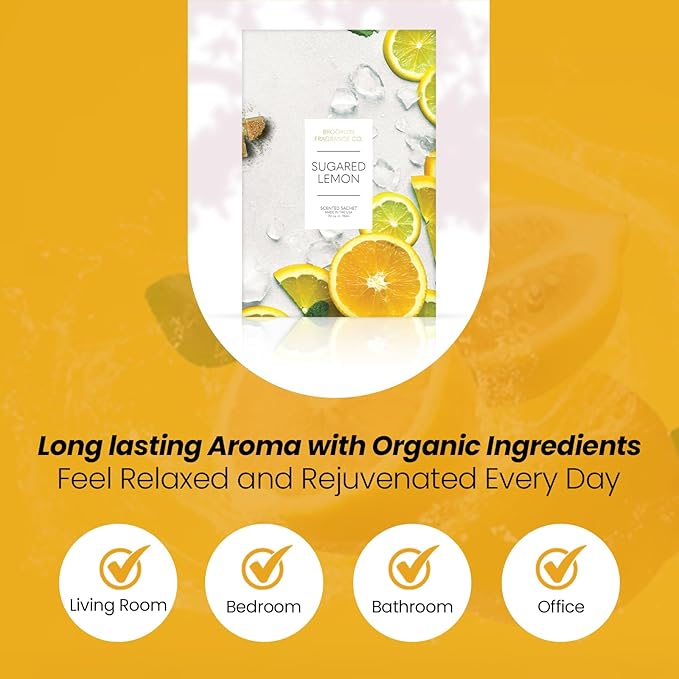 Brooklyn Fragrance Co. Fruits Sachet Bags – Sugared Lemon Scented Pouches – Perfect Aroma for Drawers, Closets, Cars and Bathrooms – Long-Lasting Fresh Scent Sachets (6- Pack)