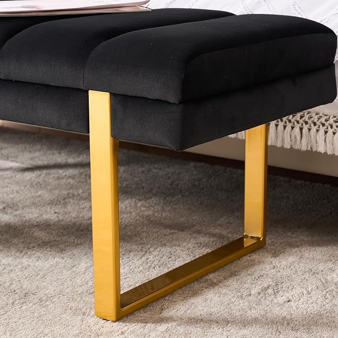 AIITTCC Velvet Ottoman Bedroom Bench, 46.5" Tufted Padded End of Bed Bench with Gold Legs, Upholstered Shoe Bench for Living Room Entryway Window (Black, 46" Wide)