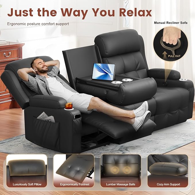 Aotolo Recliner Sofa, Massage Reclining Sofa 3 Seater Sets Heavy Weight Capacity, RV Loveseat Couch Clearance with Flip Back Console, Storage, Cup Holders, Wall Hugger Reclining Couch for Living Room