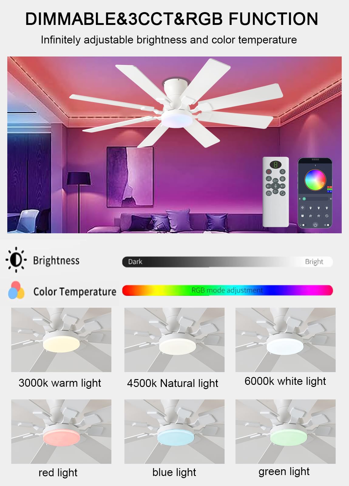 Jsaitee 52 Inch Ceiling Fan With Light, 6 Speeds Reversible Low Profile Ceiling Fan With Light And Remote/App Control, 3 Color T