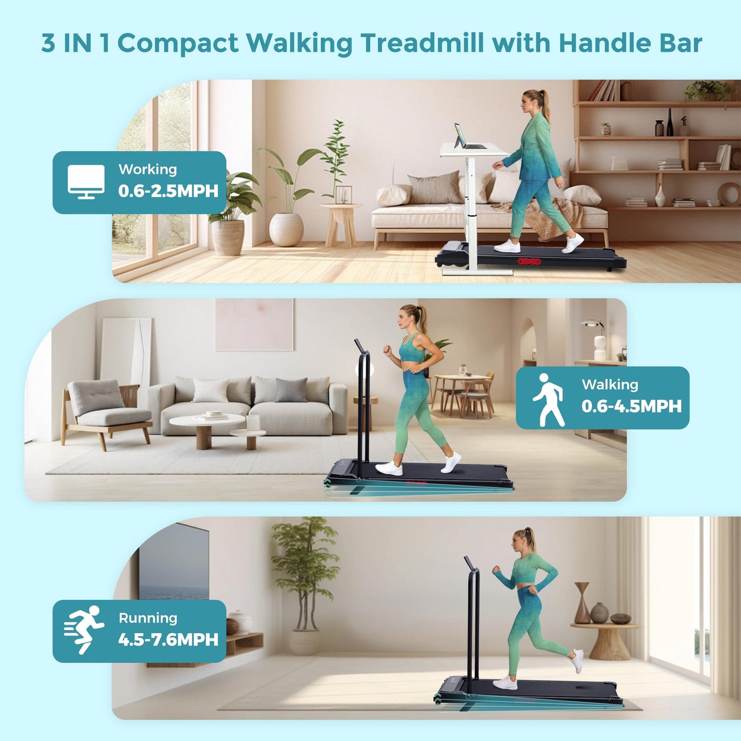 Portable Walking Pad Treadmill with Incline, 0.6-7.6MPH Mini Walking Treadmills for Home Small,3.0HP Electric Under Desk Treadmill for Exercising, Small Treadmills with Handle Bar, 350 LB Capacity
