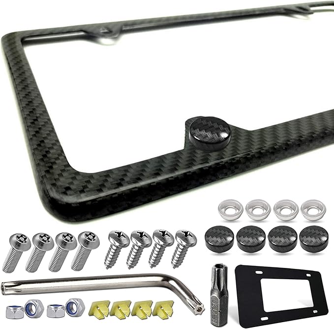 ZXFOOG Carbon Fiber License Plate Frame- 1 Pack100% Handcrafted Real Carbon Fiber Cloth Wrapped Holder, Slim Black Stainle...