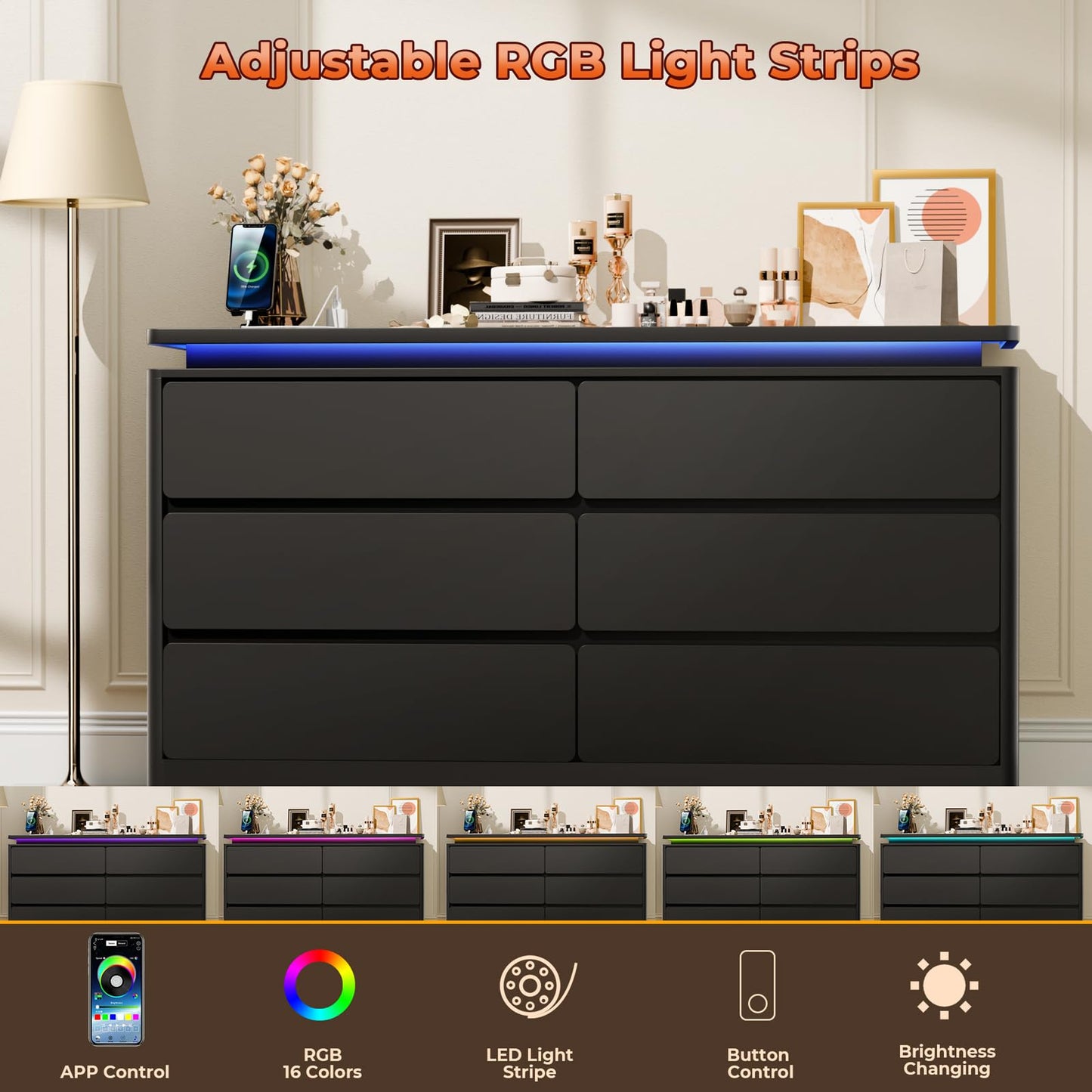 Upgraded 6 Drawer Black Dresser for Bedroom, 47.2" Long Chest of Drawers with Charging Station & LED Lights, Wooden Storage Cabinet Dresser for Closet,Modern TV Stand with Deep Drawers