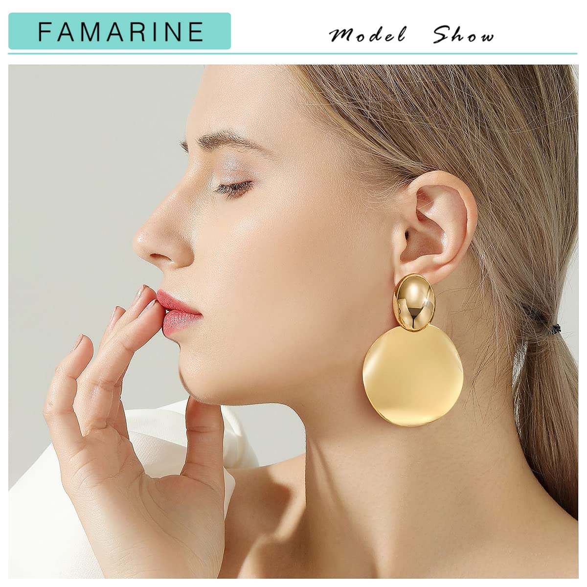 FAMARINE Gold Big Disc Statement Earrings Smooth Round Hammered Dangle Earrings for Women Earrings Fashion Jewelry