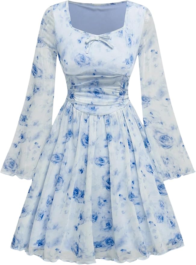 Verdusa Girl's Floral Mesh Boho Dresses Long Sleeve Ruched A Line Flowy Dress Spring Clothes Festival Outfits