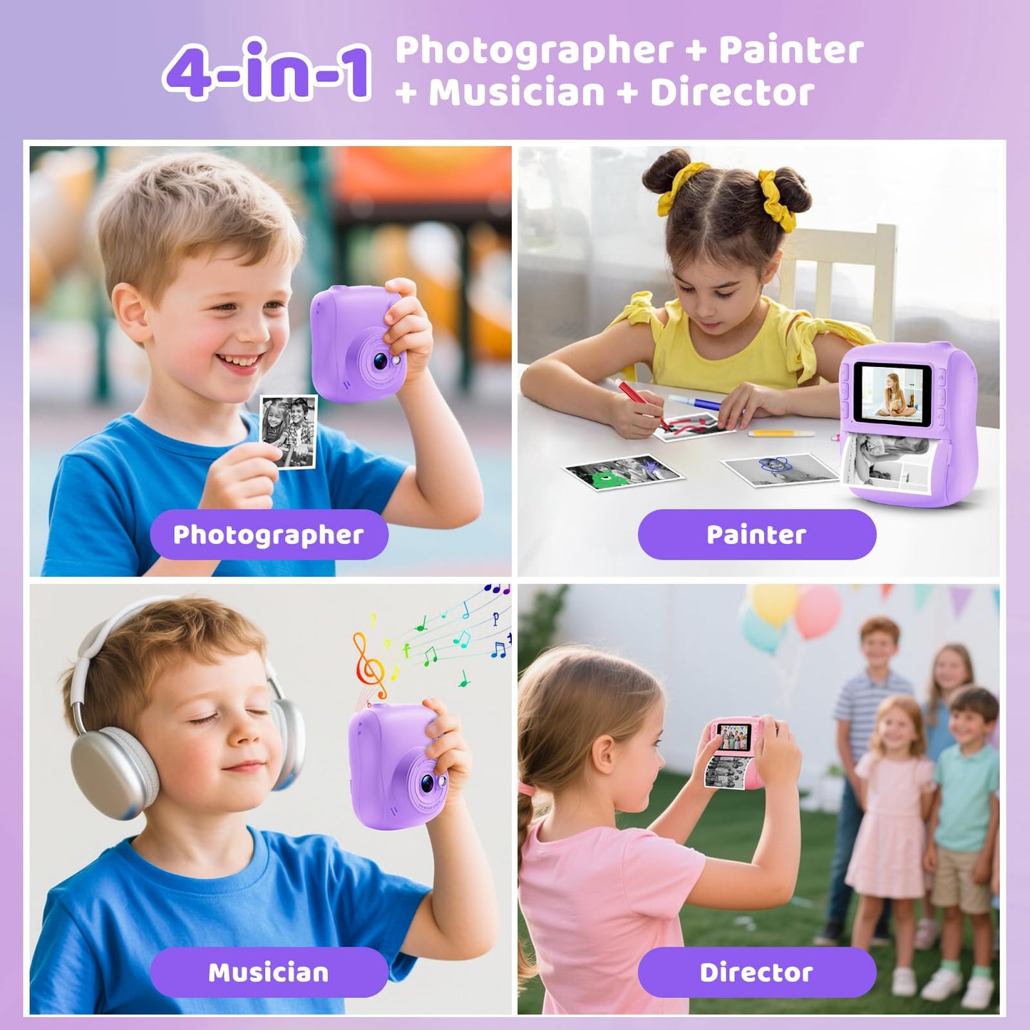 Instant Digital Camera for Kids, Kids Camera Instant Print, 48MP Toddler Digital Camera 1080P HD Video Toys Camera Gift Idea for Girls Boys 3-12(Purple)