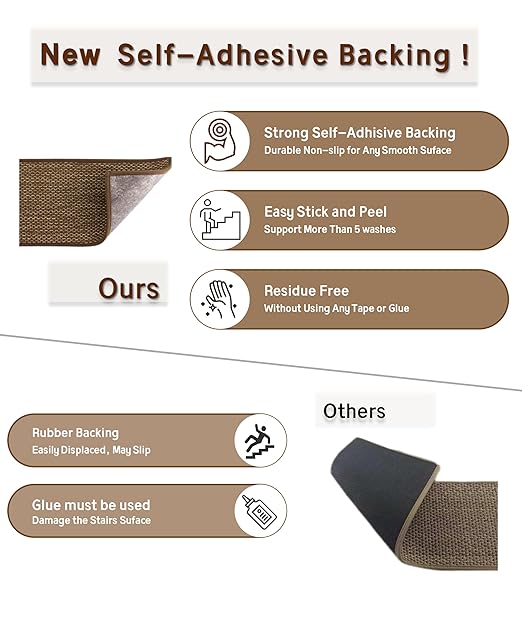 Natural Linen Stair Treads for Wooden Steps, 7 Pcs 8" x 30",Non Slip Stair Runner, Peel and Stick Carpet Indoor for Kids Elders and Pets (7, Brown, 8" x 30")