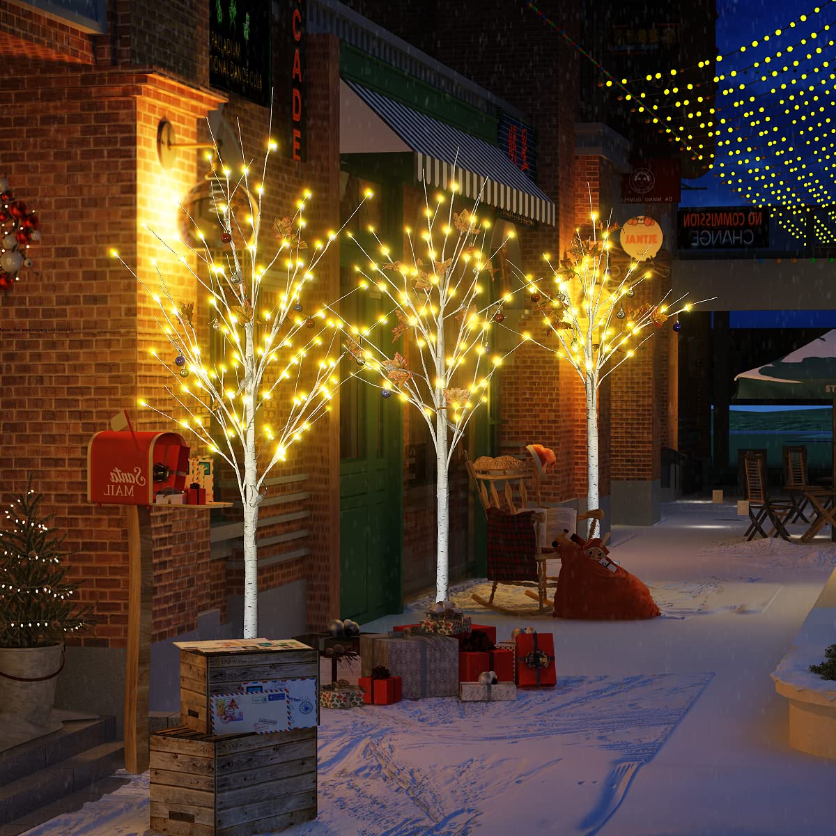 Set of 3 Birch Tree with LED Lights, 4FT 5FT 6FT Prelit Christmas Tree, Lighted White Artificial Tree for Indoor Outdoor, Thanksgiving Christmas Seasonal Holiday Decoration