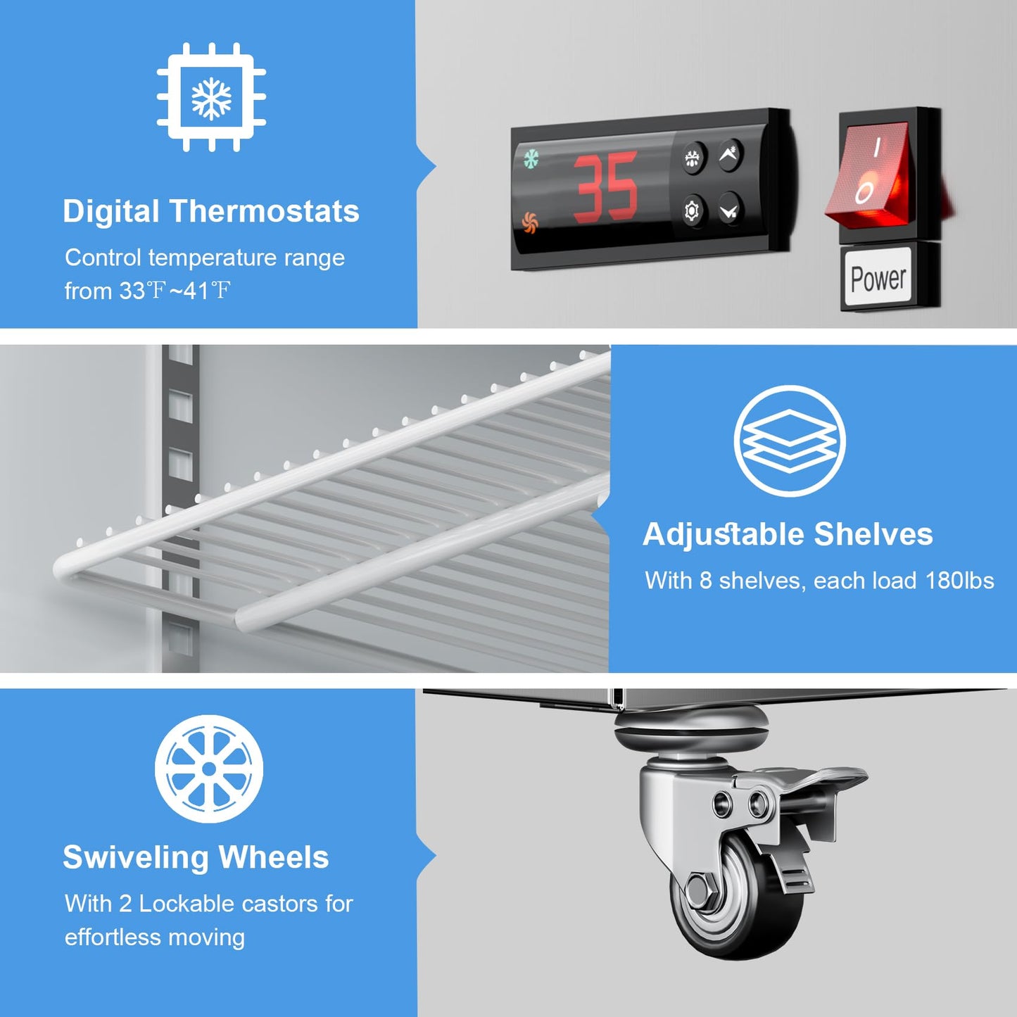 Commercial Refrigerator 48"W 4 Door Stainless Steel Reach-in Solid Door Upright Fridge Fan Cooling 36 Cu.ft Refrigerators 33-41°F for Restaurant, Bar, Shop