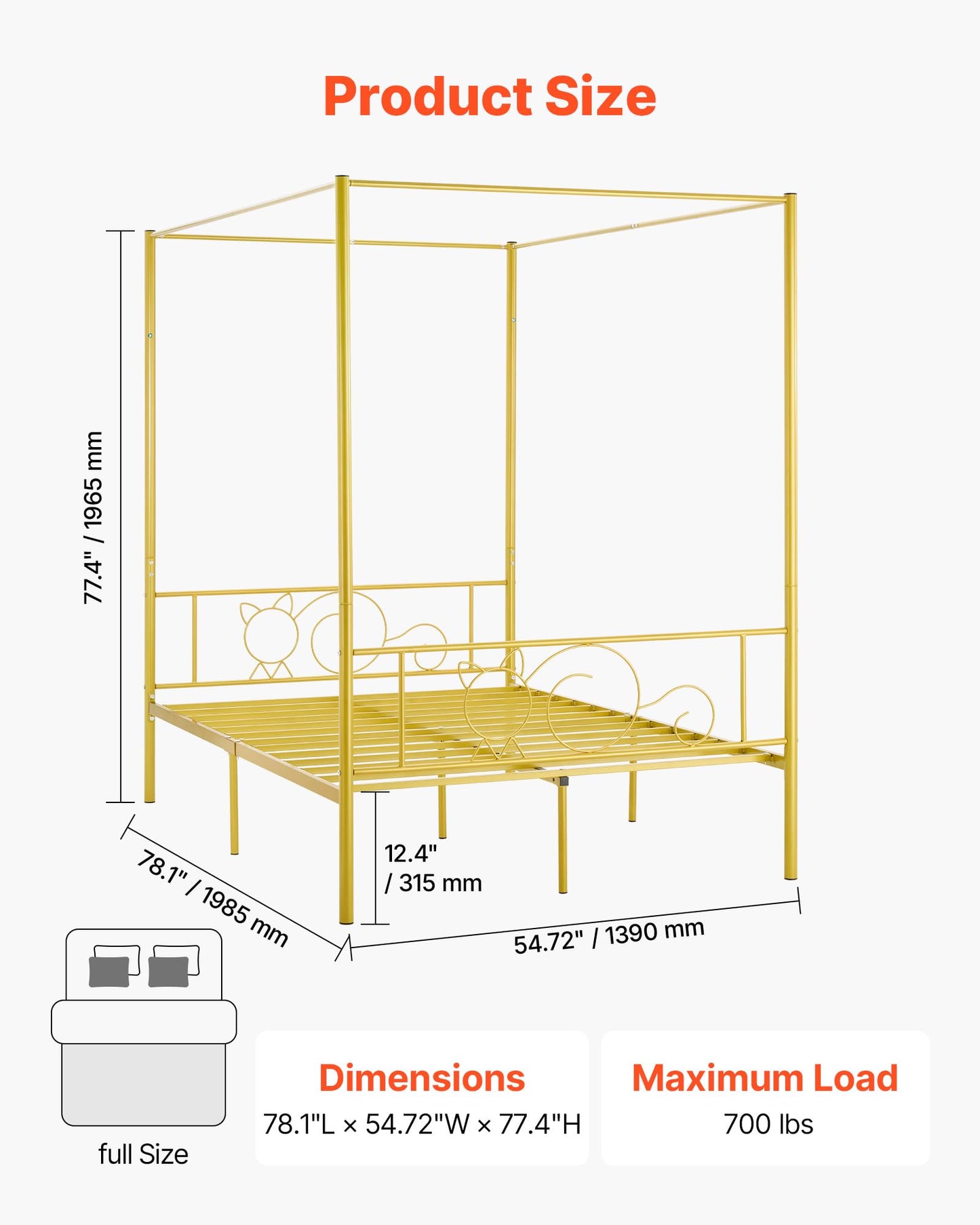 VEVOR Full Size Canopy Bed Frame, Metal Canopy Bed with Minimalist Headboard & Four Posters Design, Heavy Duty Steel Slats Support, Underbed Storage Space, No Box Spring Needed, Easy Assembly, Gold