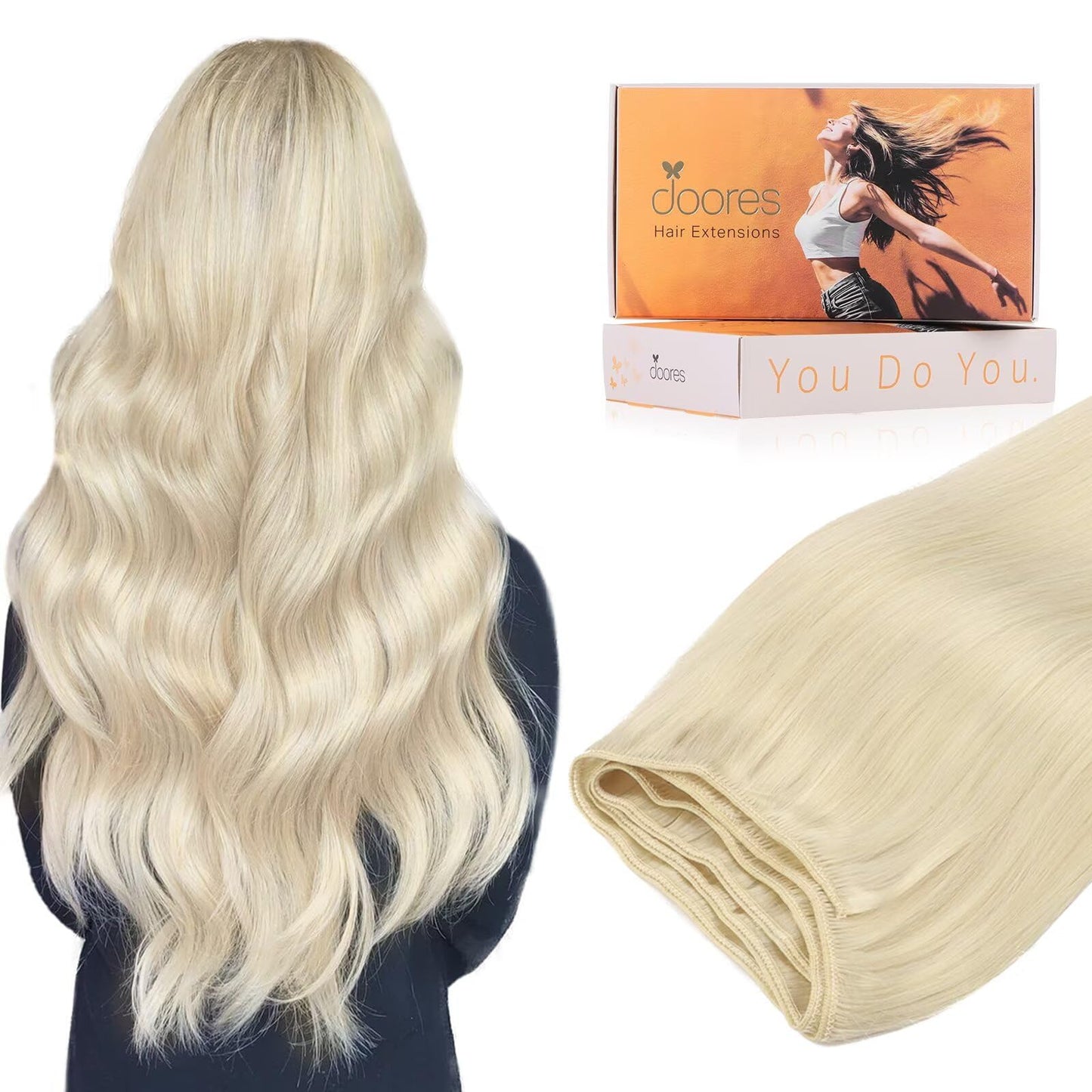 DOORES Sew in Hair Extensions, 18 Inch 100g Platinum Blonde, Remy Human Hair Extensions Sew in Full Head Natural Straight