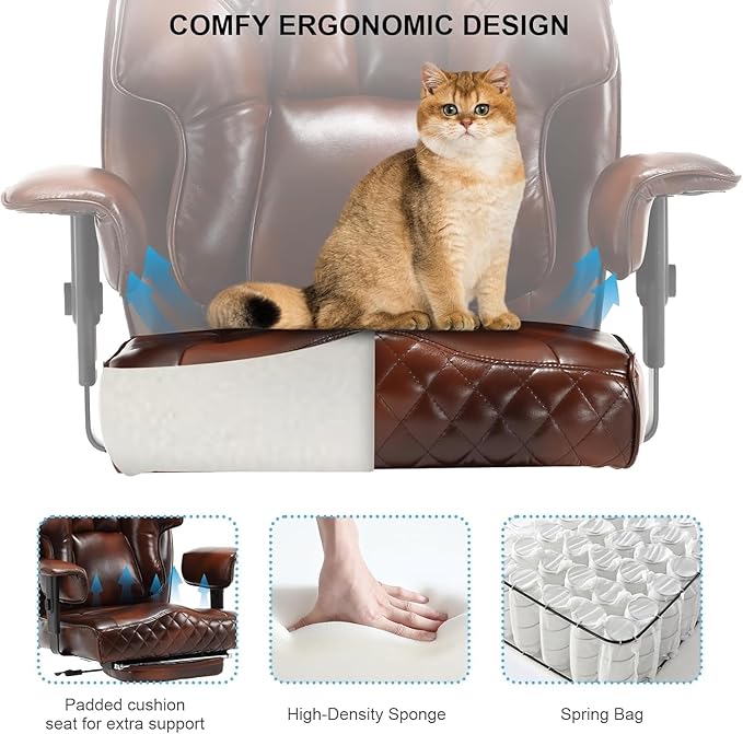 500lb Office Chair, Big and Tall Reclining Office Chair with Footrest, Leather Executive Computer Chair with Wide Seat Recliner Home Desk Chairs with Wheels & Lumbar Support for Heavy People,Brown