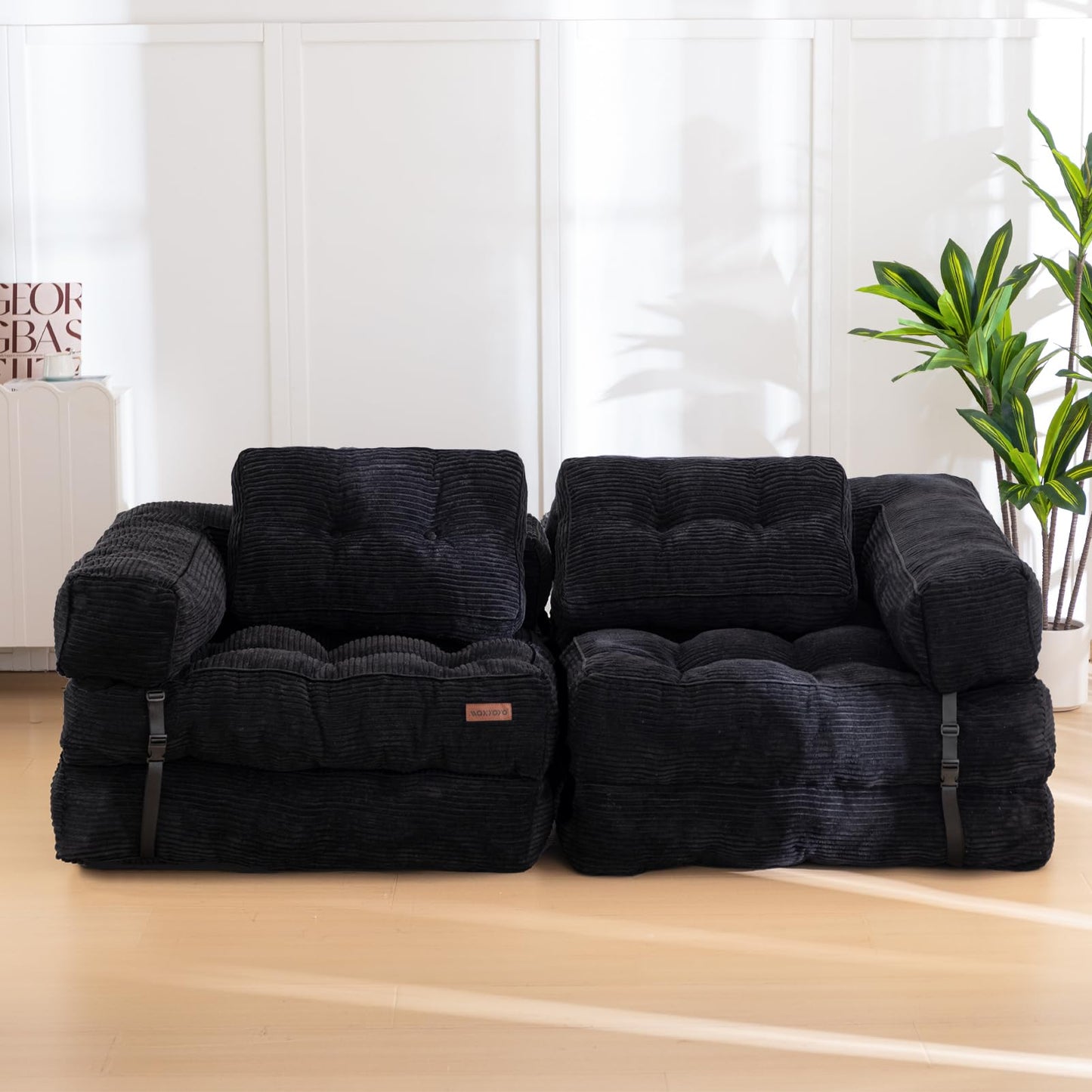 MAXYOYO Folding Sofa Bed, L-Shaped Convertible Sofa with Armrest Foldable Sleeper Bed with Pillow, Portable Fold Out Chair Comfy Floor Lounge for Living Room Bedroom, Black