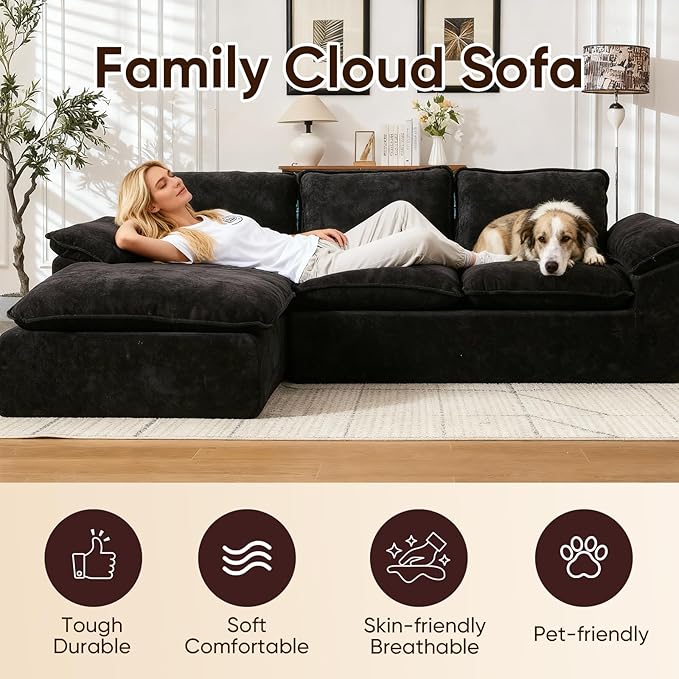 YAAREE 105.6”L Shape Modular Sectional Couch for Living Room, Modern Cloud Sectional 3 Seat Sofa with Oversized Chaise, Woven Texture Upholstery Boneless Couch (Black, Left Facing Chaise)