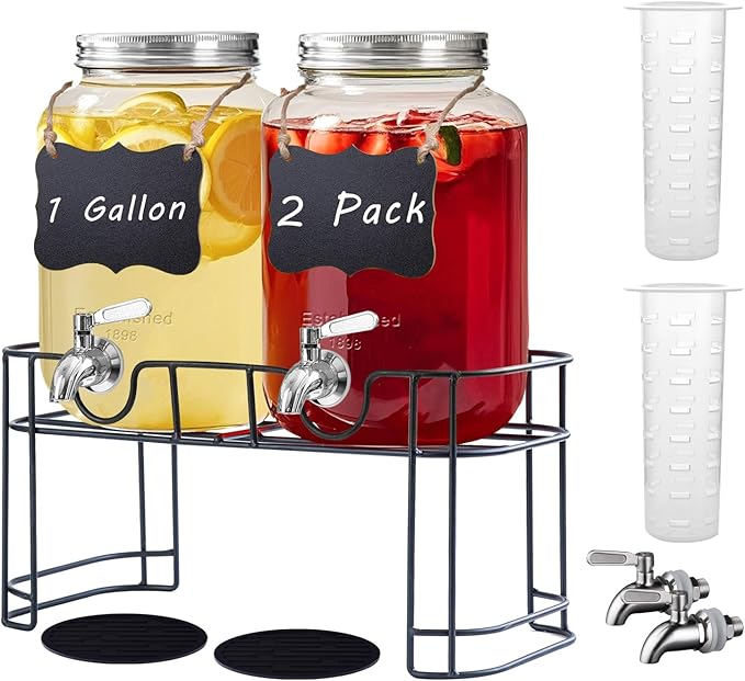 Einfache 1 Gallon Drink Dispenser with Stand,2 Pack Beverage Dispenser with Stand & Stainless Steel Spigot,Glass Water Lem...