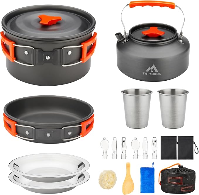 THTYBROS 17pcs Camping Cookware Kit, 0.45Gal Pot, 7inches Pan,0.30Gal Kettle Set with 2 Set Stainless Steel Cups Plates Fo...