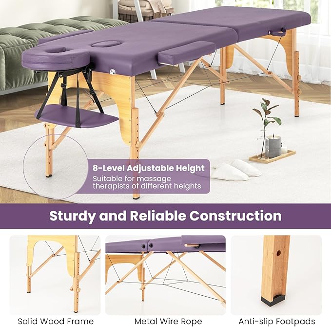 Giantex Massage Table, Portable Massage Bed w/Carrying Case, 2-Section Salon Spa Facial Care Tattoo Bed, Height Adjustable, Wood Frame, Professional Massage Lash Bed for Eyelash Extension (Purple)