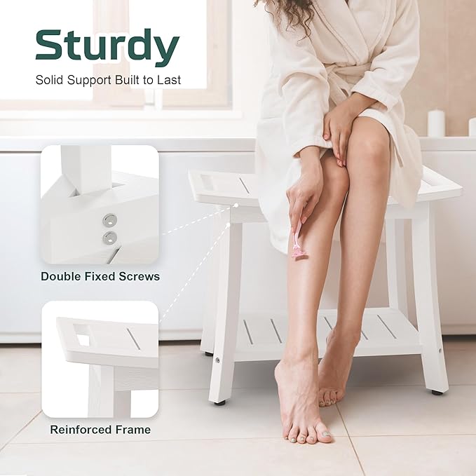 Waterproof Shower Benches for Inside Shower, Poly Lumber Shower Stool with Storage Shelf & Adjustable Feet, SPA Bathroom Seat Chair for Shaving Legs, Indoor or Outdoor Use, White