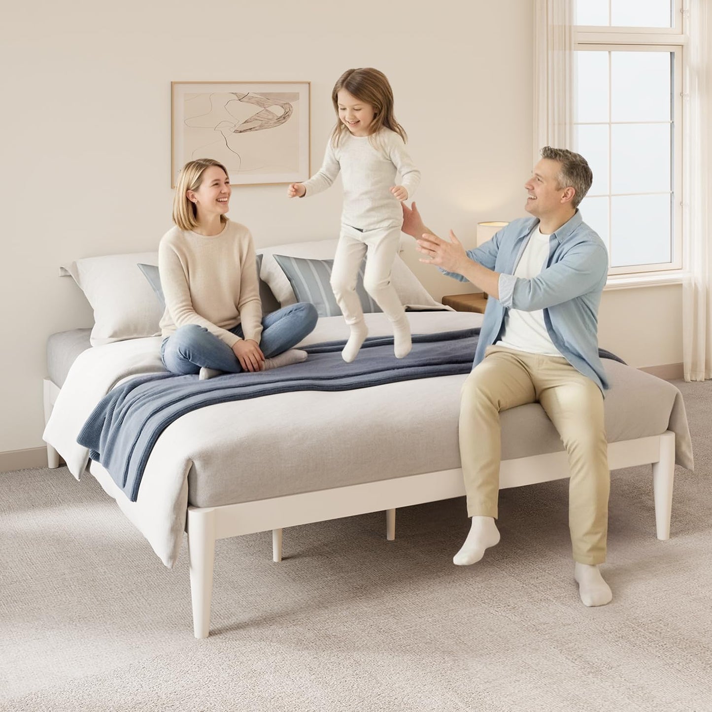 IOTXY Twin Platform Bed Frame - Solid Wood 16-Inch Height Mattress Foundation Base with Densely Slats and Heavy-Duty Support Legs, No Box Spring Needed, White