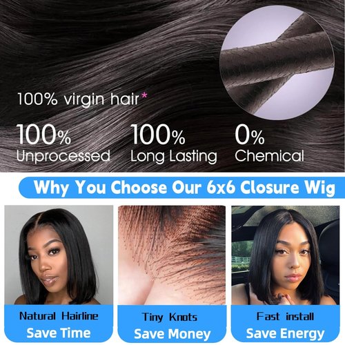 Oriole 200 Density 6x6 Glueless Bob Wig,100% Human Hair,<2-year life,185g>,16 Inch Straight HD Transparent Lace Closure Bob Wig Human Hair Wear and Go Glueless Shot Bob,Free Part