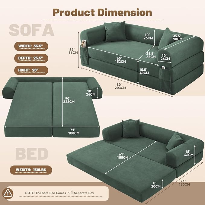 GJQ Convertible Futon Sofa Bed,80" Folding Pull Out Couch Bed with Storage,Queen Sleeper Sofa Bed,Compressed Couch in a Box,Corduroy Boneless Couches for Living Room,Light Green