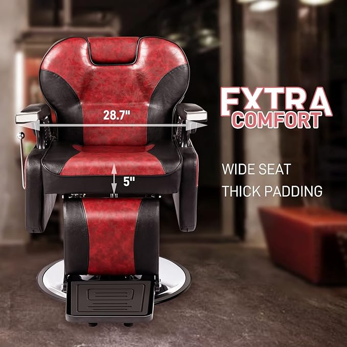 OmySalon All Purpose Hydraulic Barber Chair Recline 360 Degree Swivel Height Adjustable Heavy Duty Hairdresser Chair Beauty Salon Spa Tattoo Styling Barbershop Equipment Black & Red