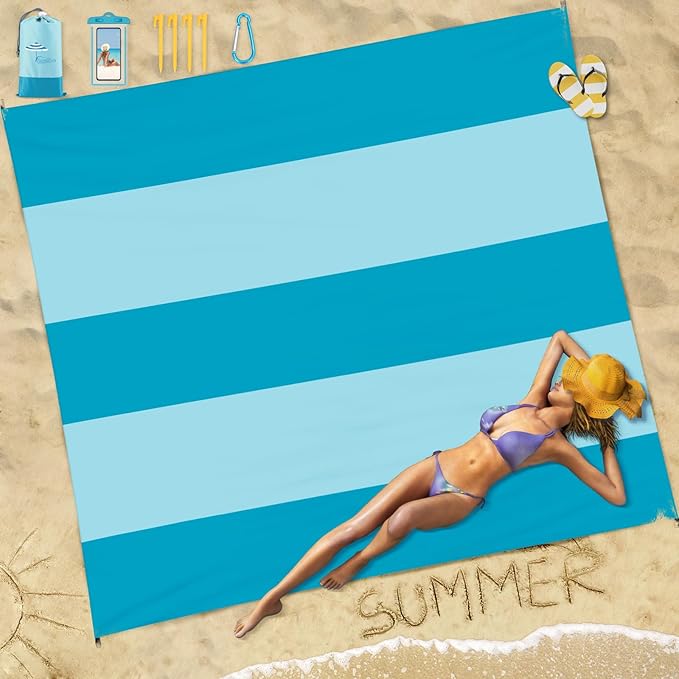 Famstar Beach Blanket Sandproof Waterproof 10'×9' 1-8 Adults Oversized,Compact Lightweight Durable Beach Mat for Travel Ca...