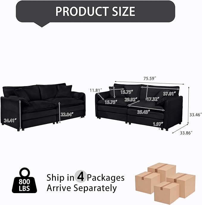 RENDGO Modular Sectional Sofa Sets,2 Pieces Chenille Sectional Loveseat Sofas,Deep Seat Comfort,4-Seater Comfy Couch for Living Rooms & Apartment, Guest Rooms,Black