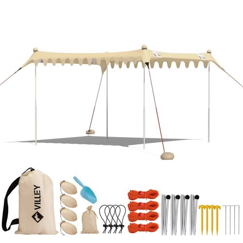 VILLEY Beach Tent Sun Shelter with UPF50+ Protection, 11×10FT Portable Sun Shade with 4 Stability Poles, 8 Ground Pegs, 4 Sandbags and Sand Shovel, Outdoor Beach Canopy for Camping Trips, Picnics