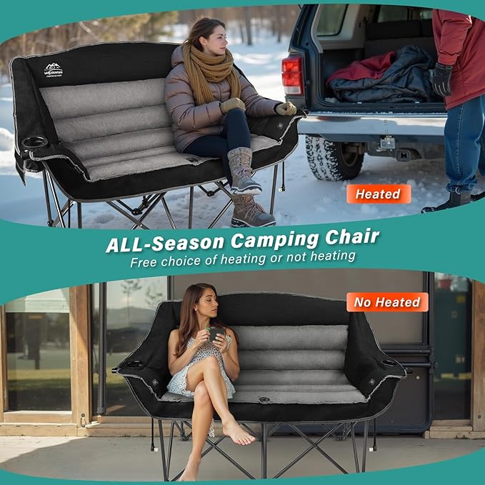 LANMOUNTAIN Heated Double Camping Chairs,3 Heat Levels Padded Portable Loveseat w/Wine Glass Holder,Cup Holder,Heating Outdoor Camp Couch Support 600 Lbs,Black,Battery NOT Included