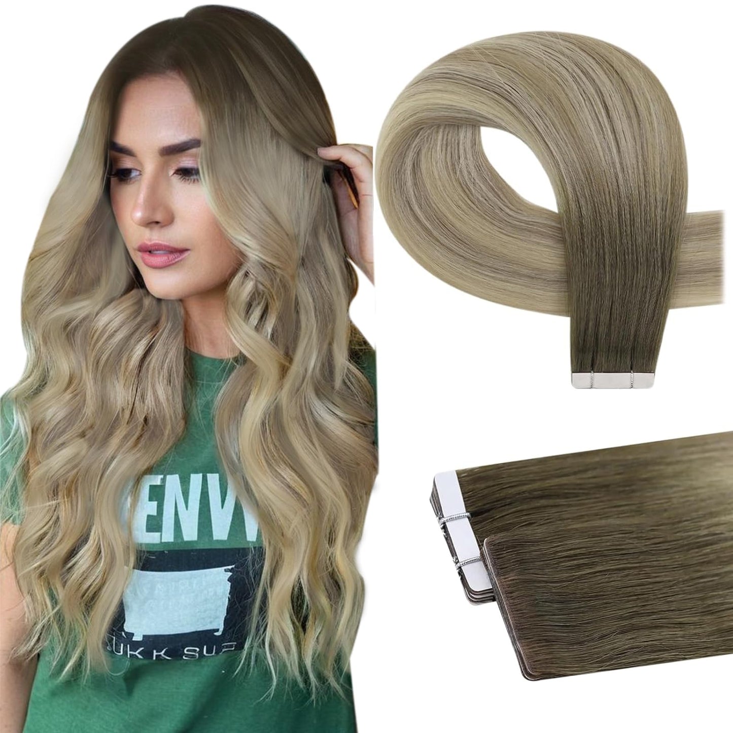 Full Shine Injection Tape in Hair Extensions Human Hair Medium Brown Fading to Ash Brown and Platinum Blonde 16Inch Seamless Vir