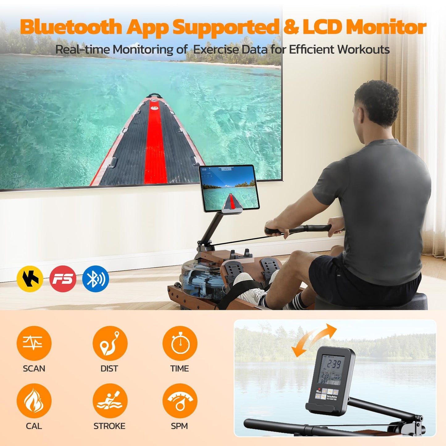 Dripex Rowing Machines for Home Foldable, Water Rowing Machine Max 400 LBS, Water Row Machine with Large LCD Monitor, Smooth Slide Rail, Bluetooth App Supported, Wooden Rower for Home Gym Exercise